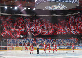 SCRJ Fan Choreo vor dem Spiel der National League zwischen den SC Rapperswil-Jona Lakers und den HC Ajoie, am Samstag, 30. September 2023, in der St. Galler Kantonalbank Arena Rapperswil-Jona. (Thomas Oswald)