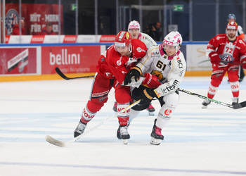 Maxim Noreau (SCRJ) gegen Fabio Arnold (Ajoie) im Spiel der National League zwischen den SC Rapperswil-Jona Lakers und den HC Ajoie, am Samstag, 30. September 2023, in der St. Galler Kantonalbank Arena Rapperswil-Jona. (Thomas Oswald)