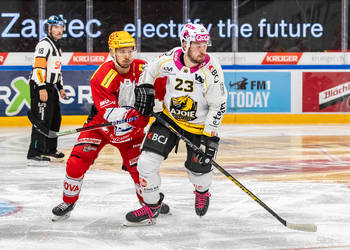 Topscorer David Aebischer (SCRJ) gegen Frédérik Gauthier (HCA) im Meisterschaftsspiel der National League zwischen den SC Rapperswil-Jona Lakers und dem HC Ajoie am Samstag, 30.September 2023, in der St. Galler Kantonalbank Arena Rapperswil-Jona. (Fritz Leuzinger)