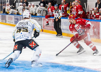 Jeremy Wick (SCRJ) gegen T.J. Brennan (HCA) im Meisterschaftsspiel der National League zwischen den SC Rapperswil-Jona Lakers und dem HC Ajoie am Samstag, 30.September 2023, in der St. Galler Kantonalbank Arena Rapperswil-Jona. (Fritz Leuzinger)