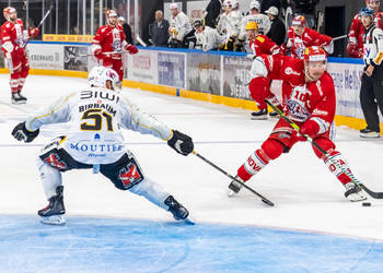 Roman Cervenka (SCRJ) gegen Alain Birbaum (HCA) im Meisterschaftsspiel der National League zwischen den SC Rapperswil-Jona Lakers und dem HC Ajoie am Samstag, 30.September 2023, in der St. Galler Kantonalbank Arena Rapperswil-Jona. (Fritz Leuzinger)