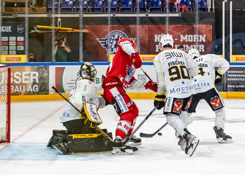 Nicklas Jensen (SCRJ) gegen Tim Wolf (HCA) im Meisterschaftsspiel der National League zwischen den SC Rapperswil-Jona Lakers und dem HC Ajoie am Samstag, 30.September 2023, in der St. Galler Kantonalbank Arena Rapperswil-Jona. (Fritz Leuzinger)