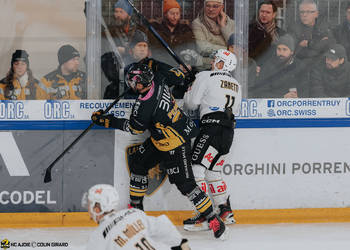 87 Pedretti Marco, C.G Photographie, Club National League, Colin Girard, HCA, HCA Vs HCL, HCAjoie, Hockey Club Ajoie, Joueurs 1ERE, NL, National League, Porrentruy, RAIFFEISEN ARENA, Saison 2024-25, charge à la bande, faute, hockey, maillot noir