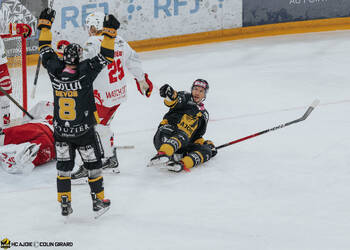 4 Hazen Jonathan, 8 Devos Philip-Michaël, But, C.G Photographie, Club National League, Colin Girard, HC Ajoie, HCA, HCA Vs EHCB, NL, National League, RAIFFEISEN ARENA, Saison 2025-26, Saison25-26, célébration, hockey