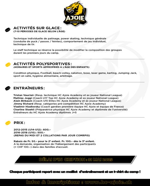 page du flyers du camp d'été du HCA Academy