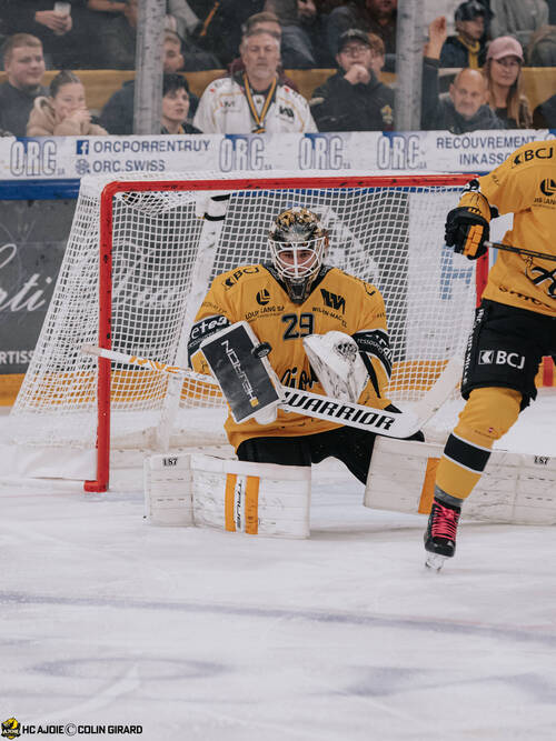29 Noah Patenaude, C.G Photographie, Colin Girard, HCA, HCA Vs EVZ, HCAjoie, Hockey Club Ajoie, Joueurs 1ERE, Maillot Jaune, NL, National League, Porrentruy, RAIFFEISEN ARENA, Saison 2024-25, arrêt, hockey