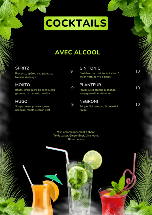 Carte des cocktails avec alcool