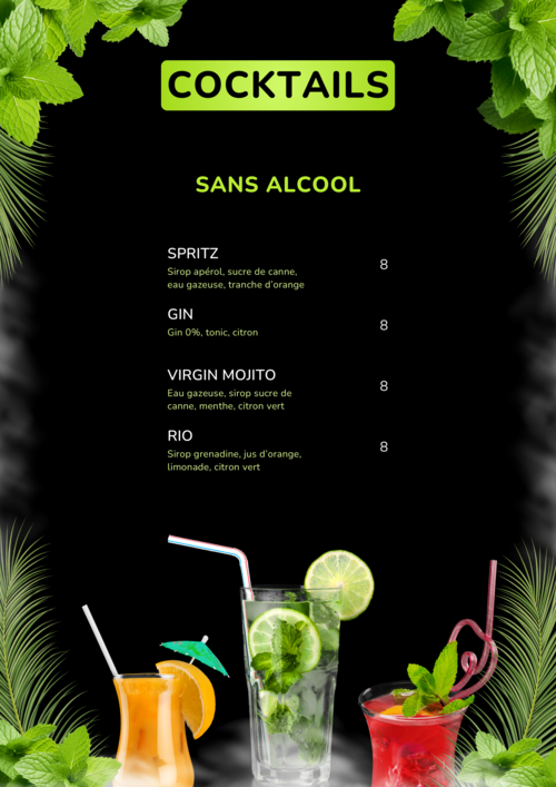 Carte des cocktails sans alcool